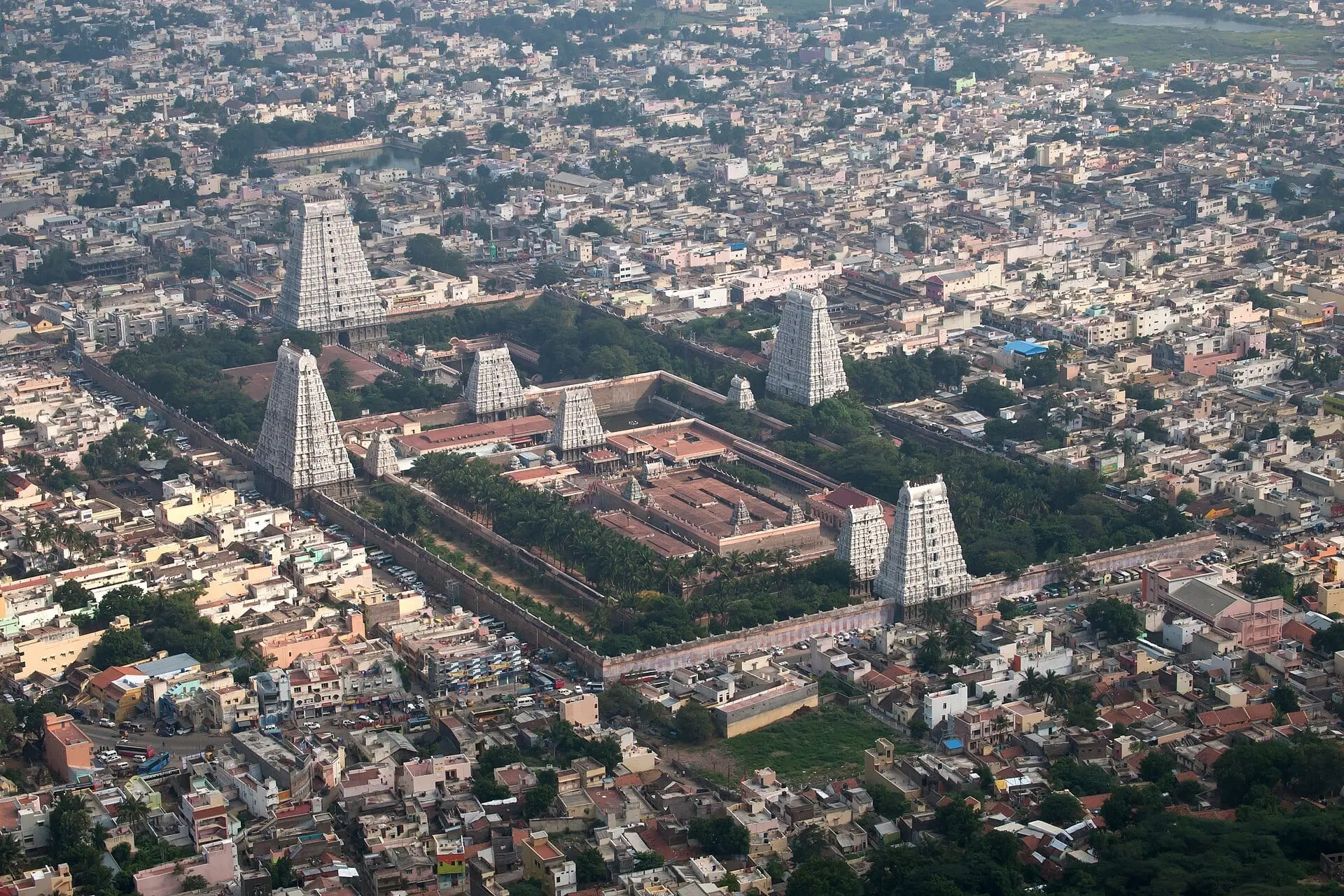 Aerial view of the Annamalaiyar temple complex showing its concentric walls, courtyards and nine gopurams